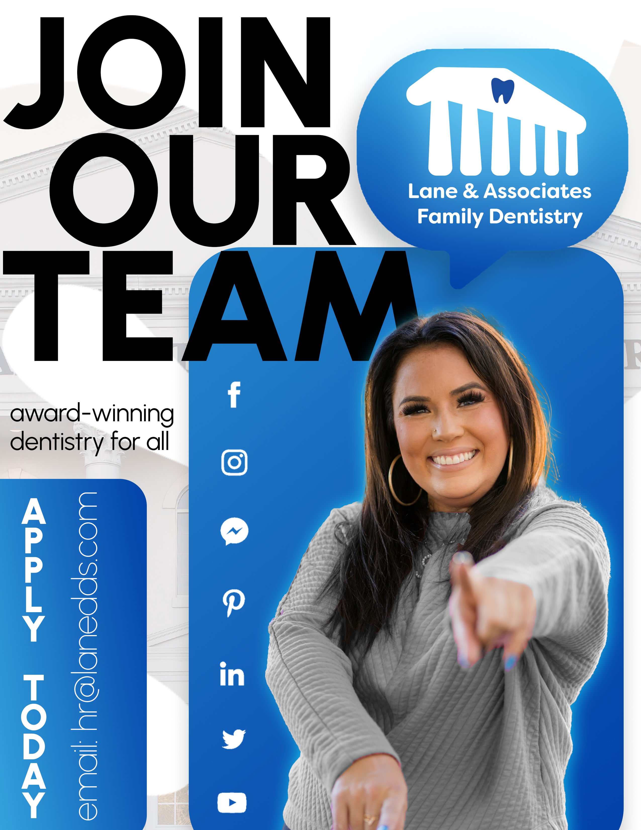 Join Our Team Graphic with Female Smiling and Pointing.